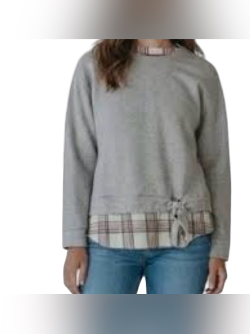 IZOD Cottagecore preppy southern soft crewneck top W layered plaid tie detail L
